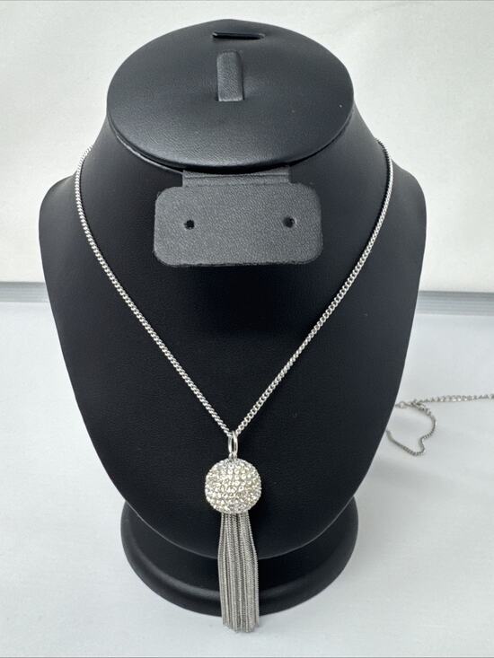 Touchstone Crystal Jewelry - Silver Plated Necklace w/Silver Rhinestone Studded Ball Tassel Pendant